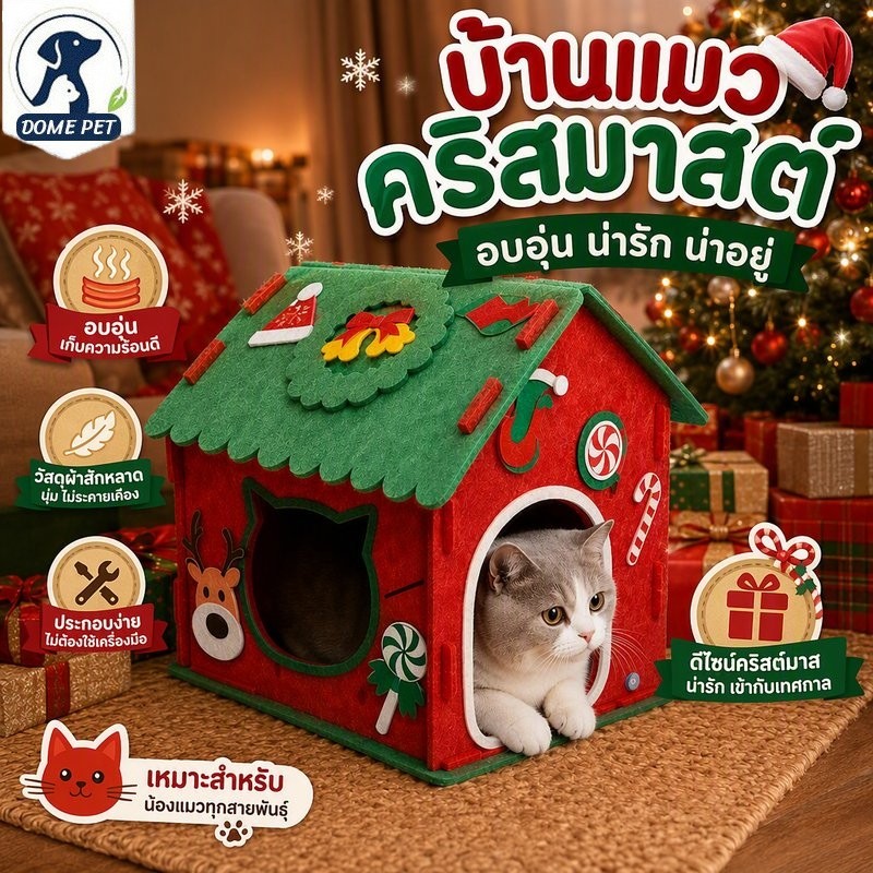 บ้านแมว ฤดูคริสต์มาส กึ่งปิด ผ้าสักหลาด อบอุ่น มีแท่นขูดเล็บ นอนสบาย ช่องเข้าโค้ง ใช้ได้ทุกฤดู