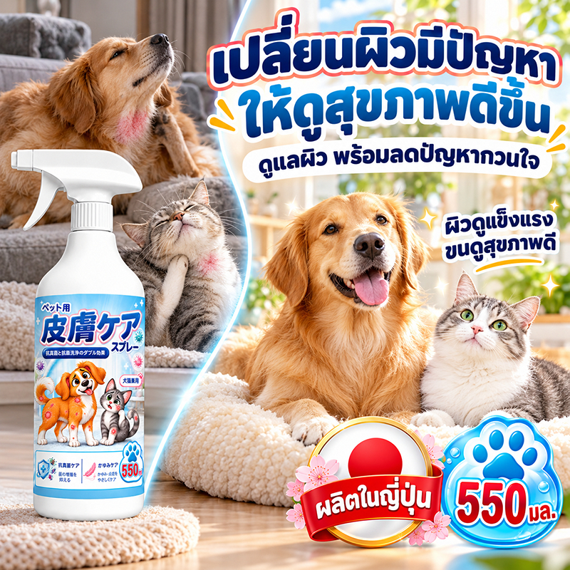 สเปรย์ผิวหนังสัตว์เลี้ยง 550ml ลดขี้เรื้อน แผลคัน ใช้ได้ทั้งสุนัข แมว ปลอดภัยเลียได้ สเปรย์นาโนรักษาแผลสัตว์เลี้ยง