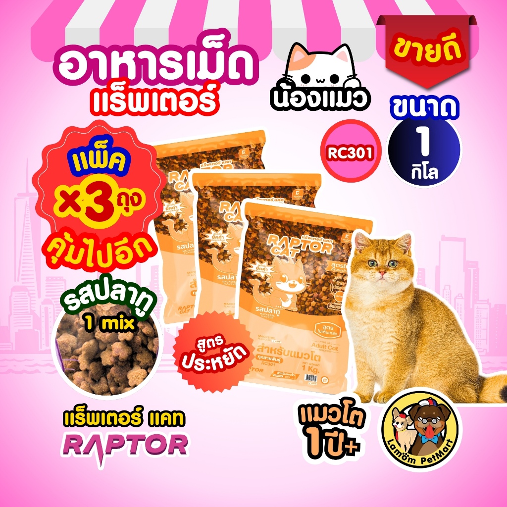 PACK 1 KG. x 3 ถุง) อาหารแมว RAPTOR CAT รสปลาทู 1 MIX (RC301) ไม่เติมเกลือ ลดกลิ่นมูล โปรตีน26%