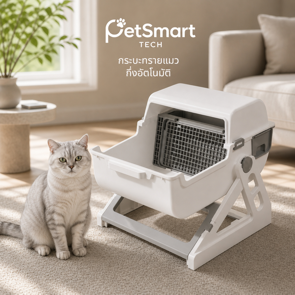 PetSmart]กระบะทรายแมวกึ่งอัตโนมัติ ขนาดใหญ่ ไม่ต้องตัก ยก-พลิก-วาง เก็บอึง่าย กันทรายกระเด็น ลดกลิ่น รองรับ 7kg