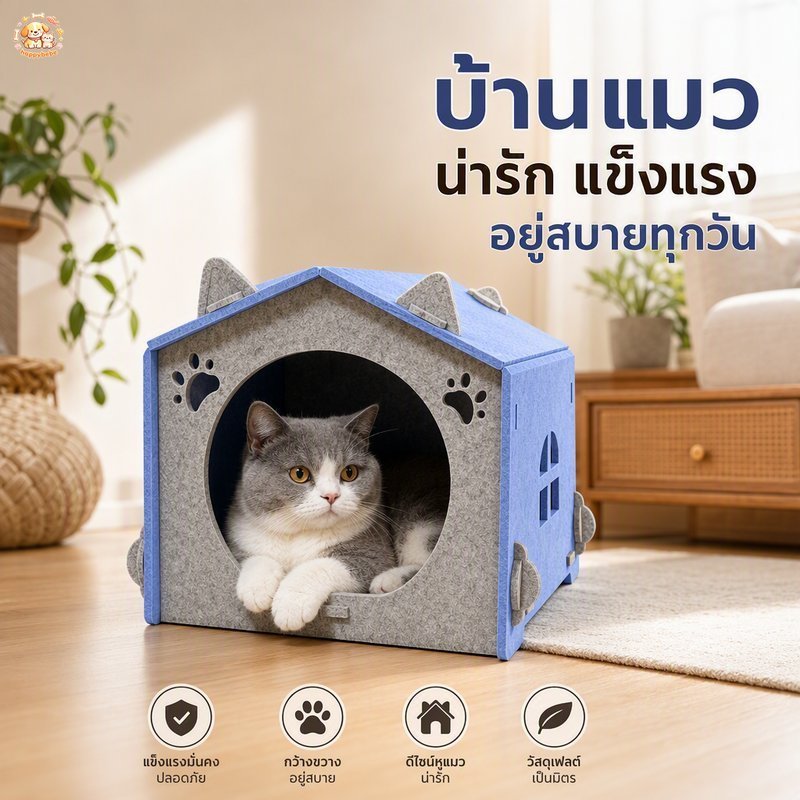 บ้านแมวสักหลาด ปิดมีหลังคา ที่นอนแมวสี่ฤดู หนาพิเศษ พื้นที่กว้าง ประกอบเดือย ทนข่วน
