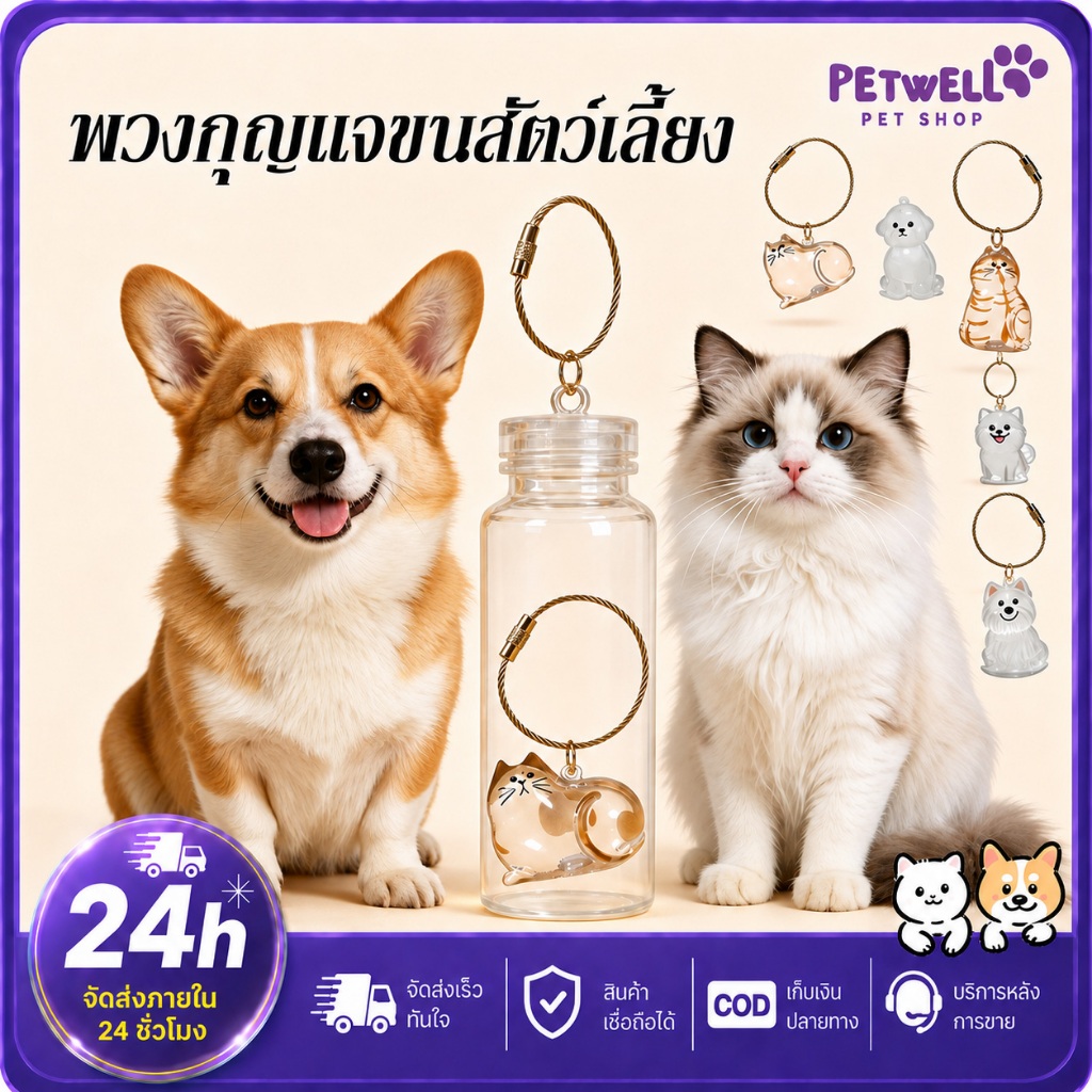 PETWELL ขวดเก็บขนแมว จี้กล่องเก็บขนแมวแบบใสแบบ พวงกุญแจจี้ที่ระลึก พวงกุญแจแมวใส