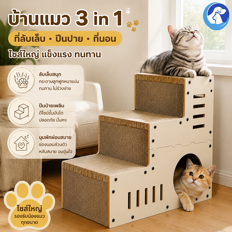 บ้านแมวบันไดแมว อุโมงค์แมว บันไดลูกสุนัข ที่ลับเล็บแมว ทนทาน อัพเกรดพรมผ้า ผ้าฝ้ายเม็ดใหญ่ บันไดไม้เนื้อแข็ง