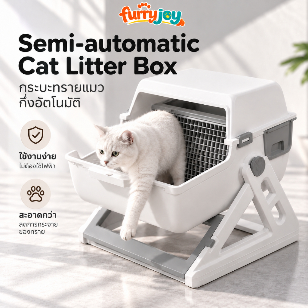 FurryJoy】กระบะทรายแมว กะบะทรายแมวกึ่งอัตโนมัติ ห้องน้ําแมว ขนาดใหญ่ ไม่ต้องตักทราย เก็บอึง่าย ลดกลิ่น กันทรายกระเด็น รอง