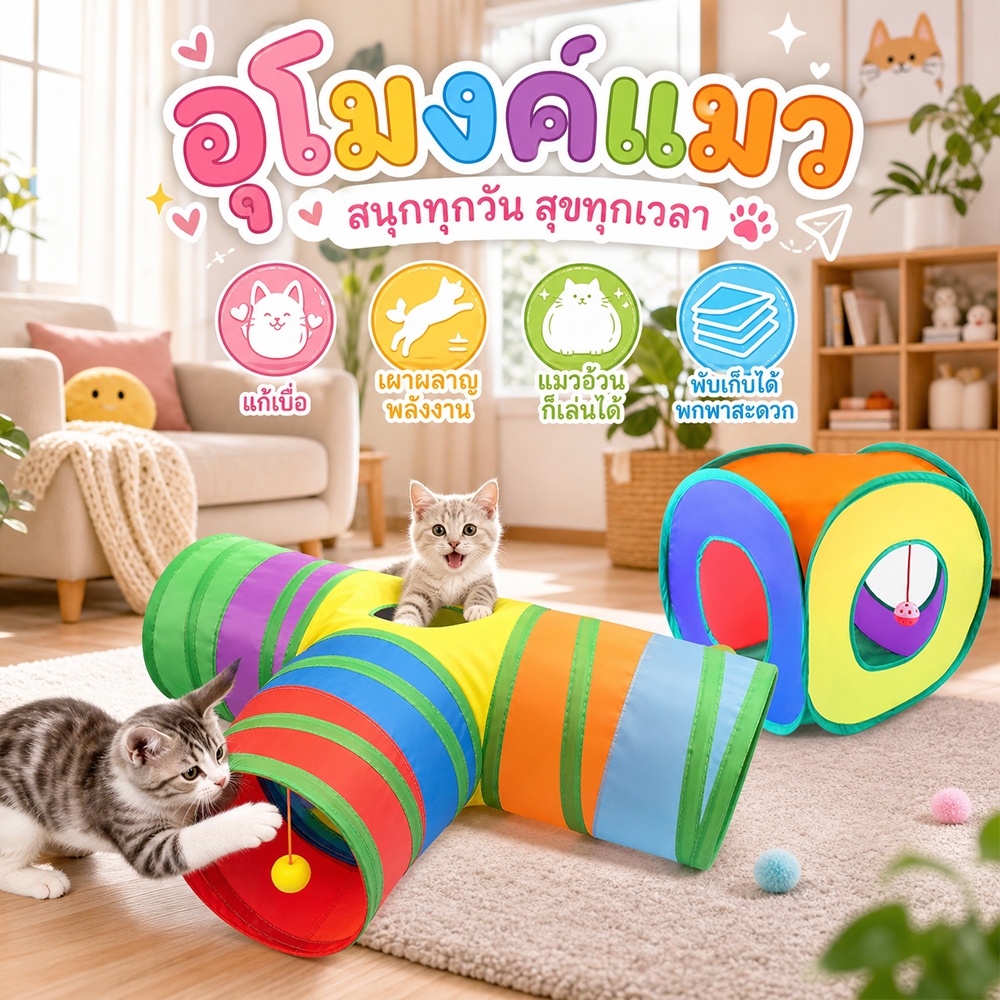 อุโมงค์เล่นแมว ใช้ได้ตลอดปี ดีไซน์ครึ่งปิด ให้ความรู้สึกปลอดภัย