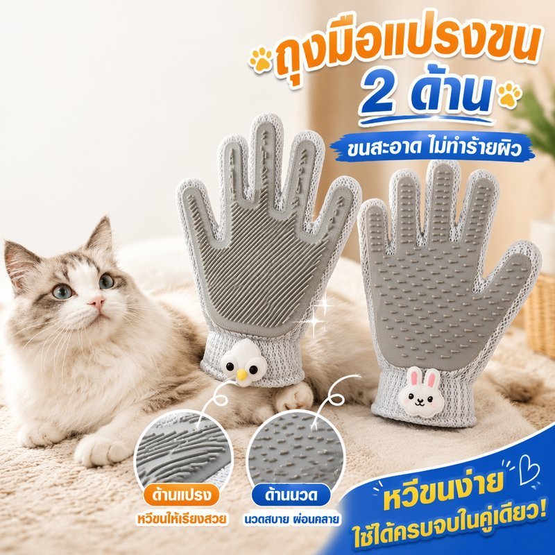 ถุงมือกรูมมิ่งสัตว์เลี้ยง Dual Sided Deshedding Brush Soft Silicone Hair Remover Dog Cat Bath Massage