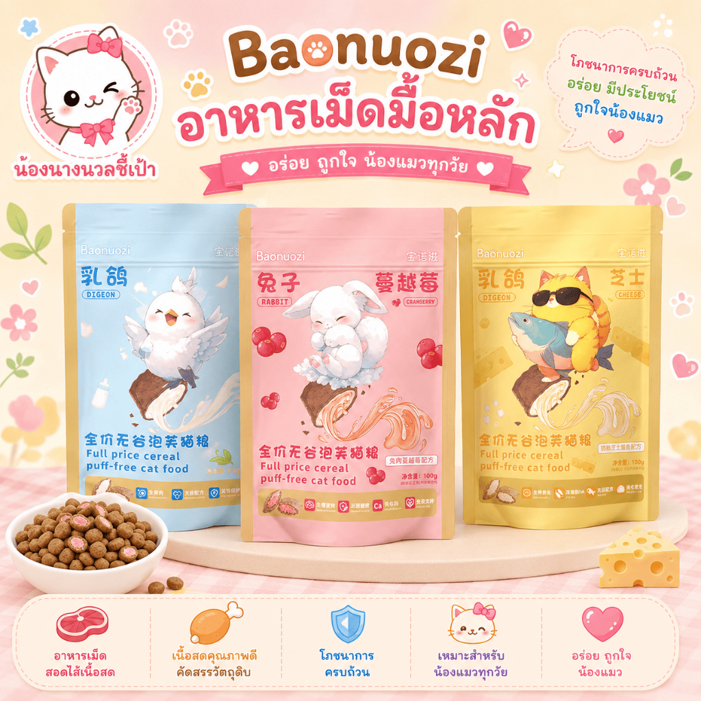 Baonuozi อาหารเม็ดแมว มื้อหลัก อาหารเม็ดสอดไส้เนื้อสด อาหารแมว โภชนาการครบถ้วน คัดสรรวัตถุดิบคุณภาพ สําหรับแมวทุกวัย