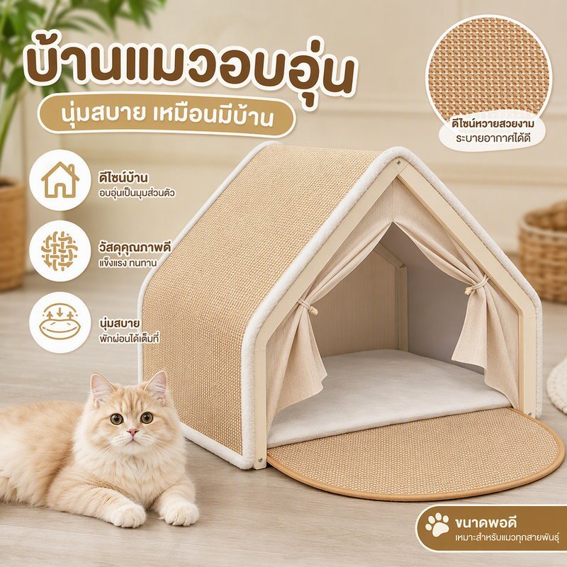 บ้านแมวเต็นท์ รังแมวแบบปิด โครงไม้ หลังคาผ้าป่านที่ลับเล็บ เบาะขนนุ่ม ถอดซักได้ มีม่านประตู
