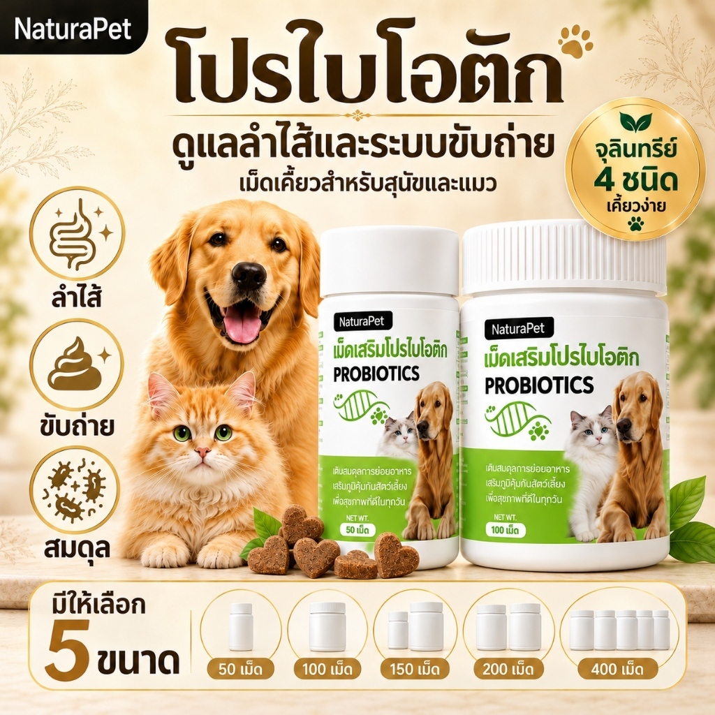 โพรไบโอติกแมว โพรไบโอติกสุนัข probiotic เม็ดเคี้ยว โปรไบโอติก แมว หมา ดูแลลําไส้ ระบบขับถ่าย ท้องผูก ท้องเสีย เสริมภูมิคุ้มกัน วิตามินแมว อาหารเสริมแมว อาหารเสริมสุนัข วิตามินสุนัข กินง่าย NaturaPet