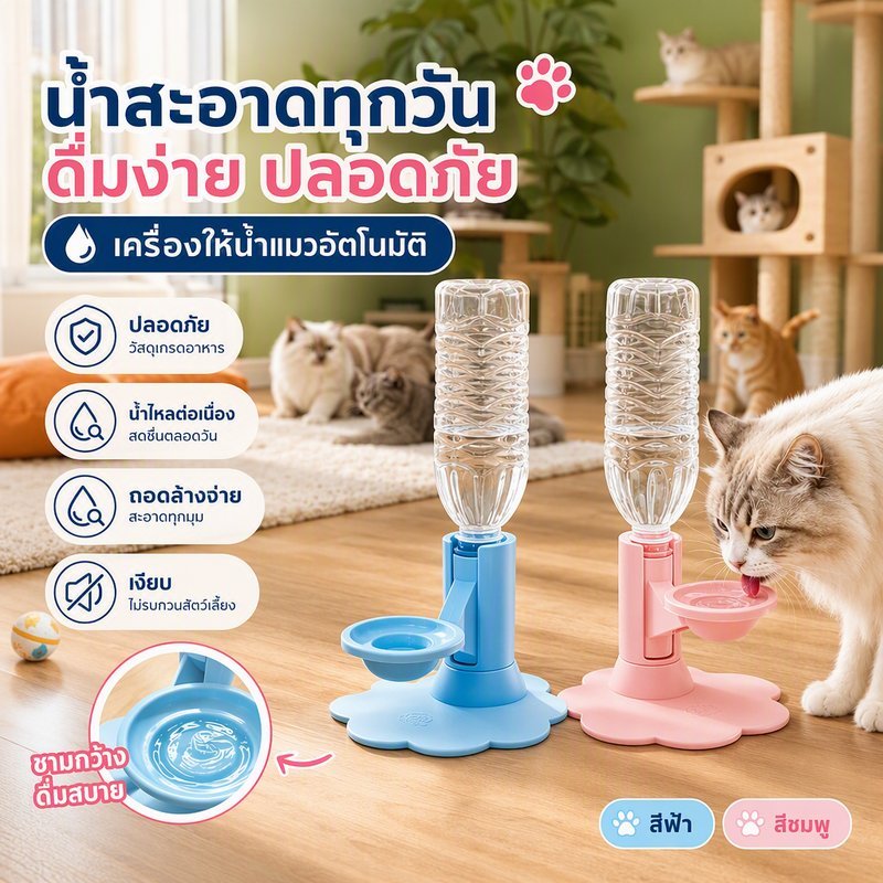 ที่ให้น้ําแมวอัตโนมัติ ปรับระดับความสูงได้ ถอดล้างง่าย ขวดน้ํา ฐานรูปดอกไม้กันล้ม ป้องกันเปียกคาง
