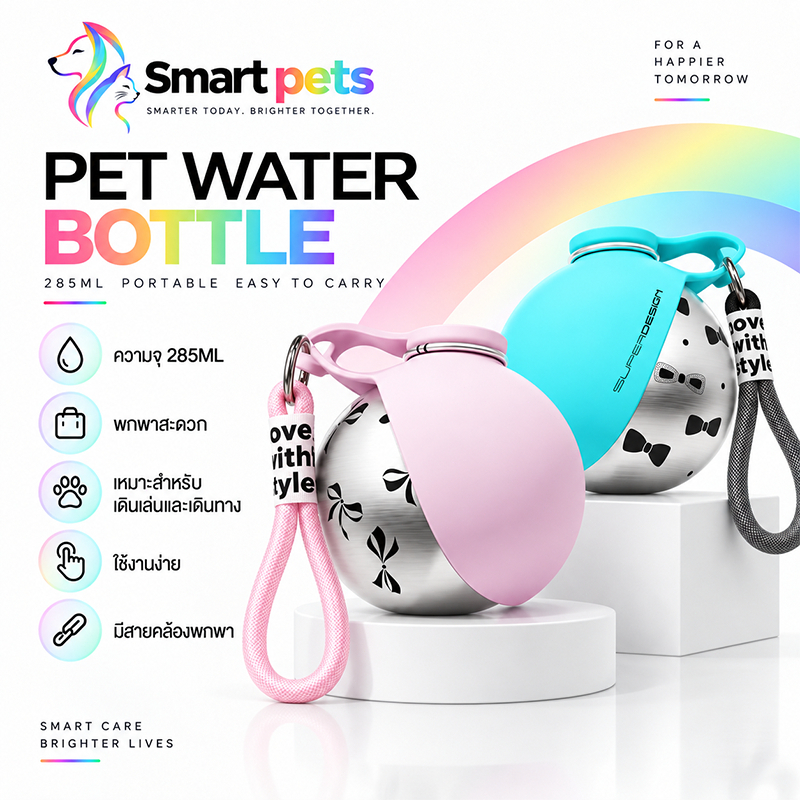 กระบอกน้ําสัตว์เลี้ยง กันน้ํารั่ว ตัวขวดทําจากสแตนเลส304ความจุ285ml ขวดนํ้าหมา ขวดนํ้าสัตว์เลี้ยง ขวดใส่นํ้าสุนัขออกนอกบ้าน