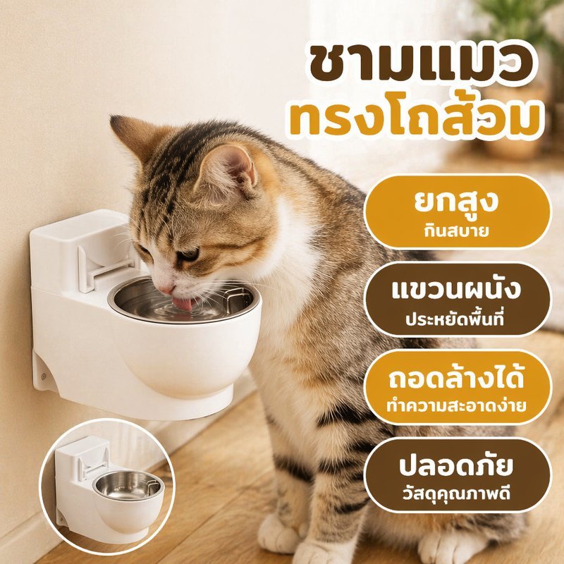 ชามน้ําอาหารสัตว์เลี้ยง รูปโถส้วม ชามแมวยกสูง วัสดุ ABS ชามสแตนเลสถอดได้ แขวนผนังได้