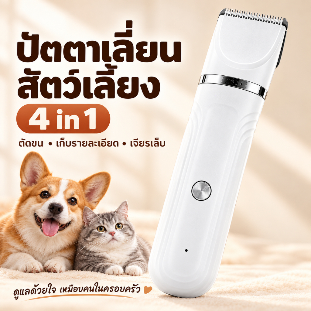 ปัตตาเลี่ยนตัดขนสัตว์เลี้ยง ABS 4 in 1 ไร้สาย 150 มม. เครื่องตัดขนแมว เปลี่ยนหัวได้ ใช้กับสุนัขและแมว Pet Trimmer