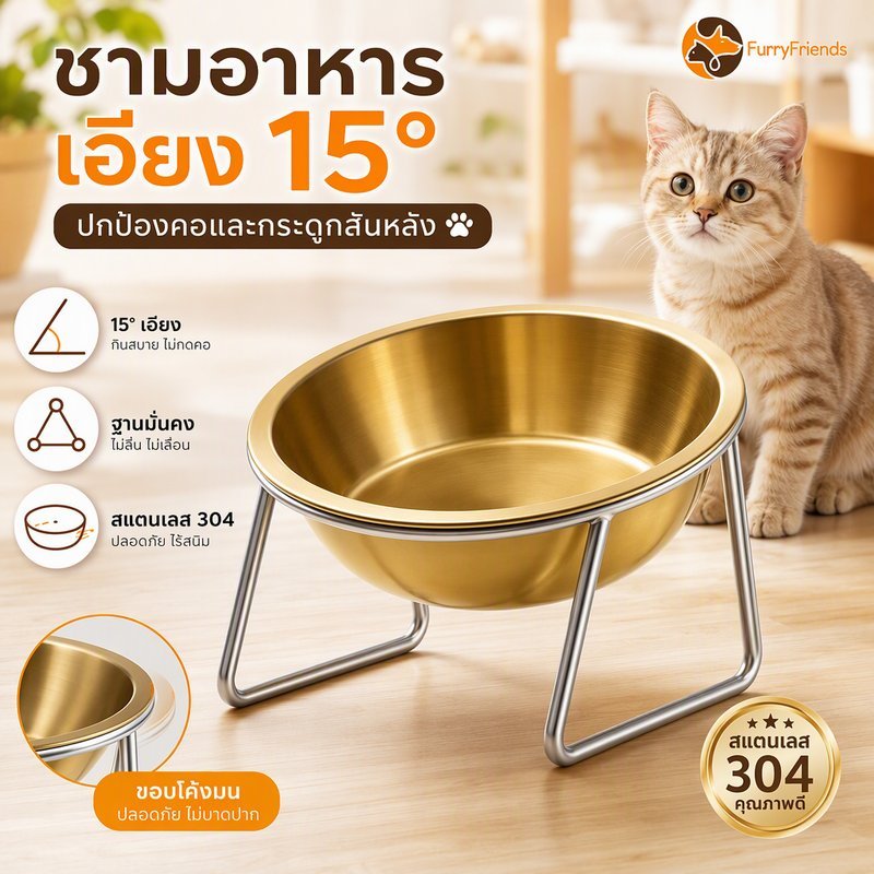 ชามอาหารแมว สแตนเลส 304 ยกสูง เอียง 15 องศา กันลื่น ถอดล้างง่าย ชามอาหารสุนัขเล็ก