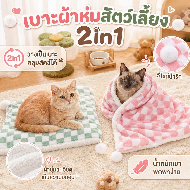 เบาะนอนแมวและผ้าห่มสัตว์เลี้ยง ดีไซน์ 2in1 วางเป็นเบาะหรือคลุมตัวสัตว์ได้ ผ้าคุณภาพนุ่มละเอียด เก็บความอบอุ่น น้ําหนักเบา