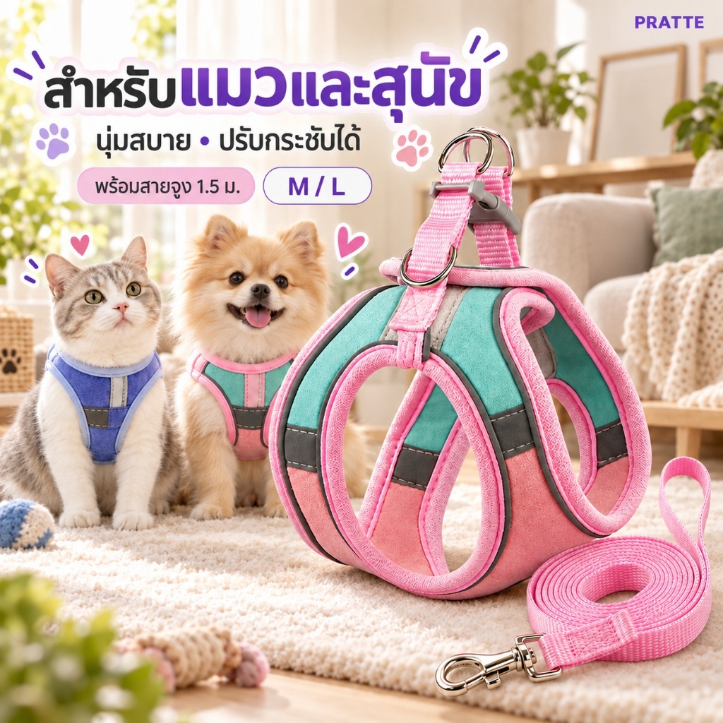 เสื้อรัดอกแมวและสุนัข พร้อมสายจูง 1.5 ม. ปรับกระชับได้ นุ่มสบาย มีแถบสะท้อนแสง ไซซ์ M/L