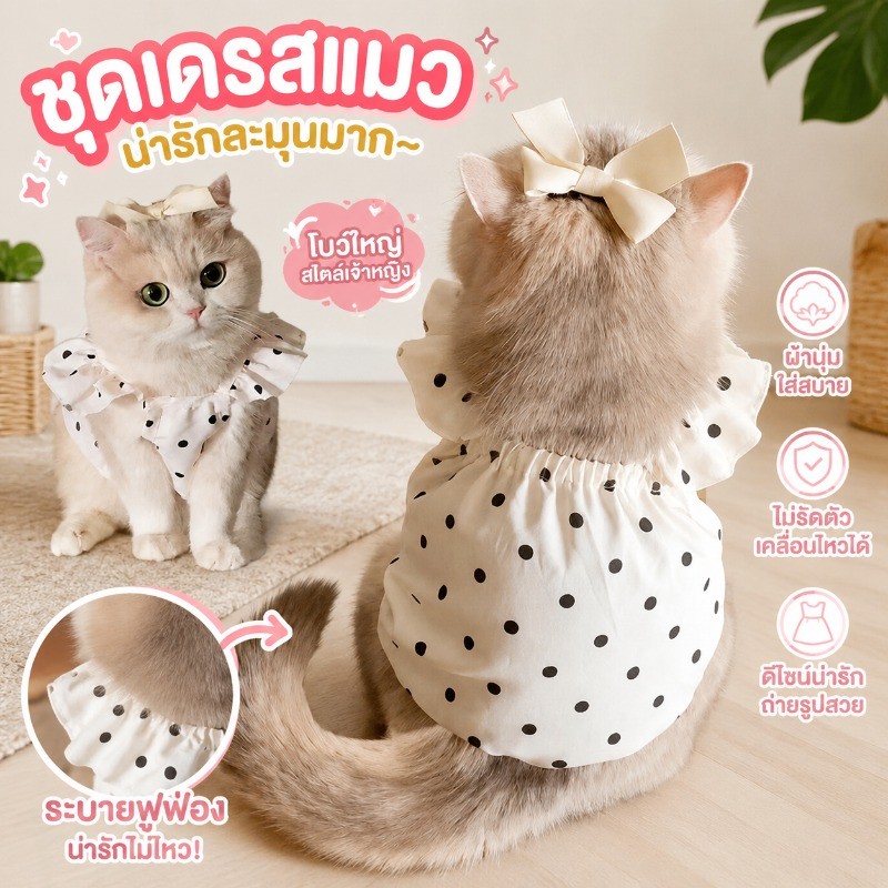 เสื้อแมว เดรสสายเดี่ยว น่ารักมาก เสื้อจุดให้สัตว์เลี้ยง เสื้อผ้าสัตว์เลี้ยง ระบายอากาศ เหมาะสําหรับสุนัขขนาดเล็ก