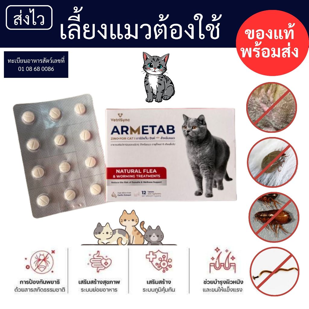 ARMETAB ผลิตภัณฑ์สําหรับแมว เห็บ-หมัด-พยาธิ-ผิวหนังแพ้ ทานเดือนละครั้ง