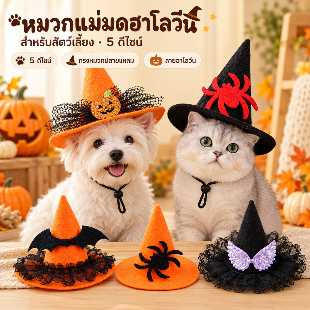 หมวกแม่มดสัตว์เลี้ยงฮาโลวีน | หมวกวิเศษน่ารักสําหรับสุนัขและแมว | ชุดคอสเพลย์ฮาโลวีนตลกสําหรับสัตว์เลี้ยง | อุปกรณ์เสริมปาร์ตี้ | การออกแบบมหัศจรรย์ 5 แบบ
