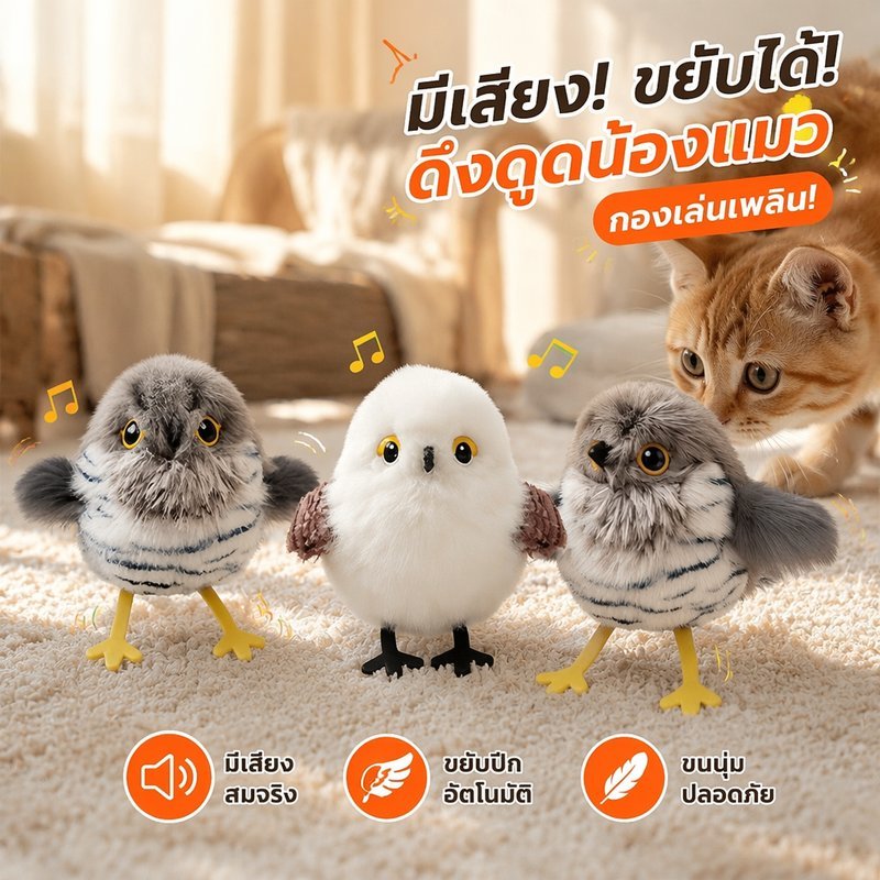 ของเล่นแมว โต้ตอบ นกมีเสียง ปีกขยับ บินอัตโนมัติ ชาร์จ Type C ของเล่นล่าเหยื่อ แขวนได้