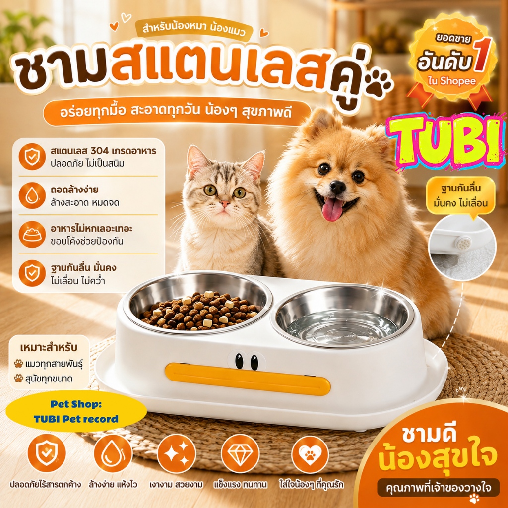 TUBIล้างง่ายชามสัตว์เลี้ยงรูปเป็ดพุดดิ้ง สําหรับแมวและสุนัข รุ่นใหม่ พลาสติกเกรดพรีเมียม มีลายน่ารักให้เลือกหลายแบบ
