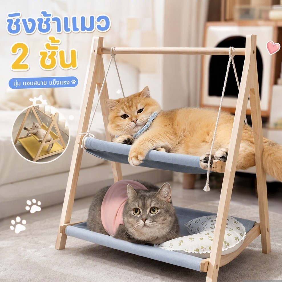 เปลแมวไม้ ชิงช้าแมว2ชั้น ที่นอนแมว รังแมวนอนบนและล่างที่สามารถแขวนได้ แรงแบริ่งที่แข็งแกร่ง
