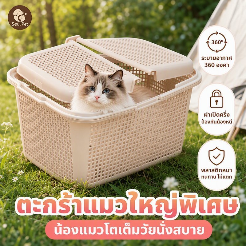 ตะกร้าแมว ระบายอากาศ รอบทิศ PP หนา กันตก ไม่เสียรูป ฝาเปิดครึ่ง ด้ามจับแข็งแรง ขนาดใหญ่