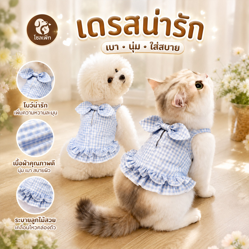 เสื้อสุนัขพันธ์ุเล็ก เสื้อแมวน่ารัก เสื้อผ้าสัตว์เลี้ยงเย็น กระโปรงลายตาราง ผ้าระบายอากาศได้ดี