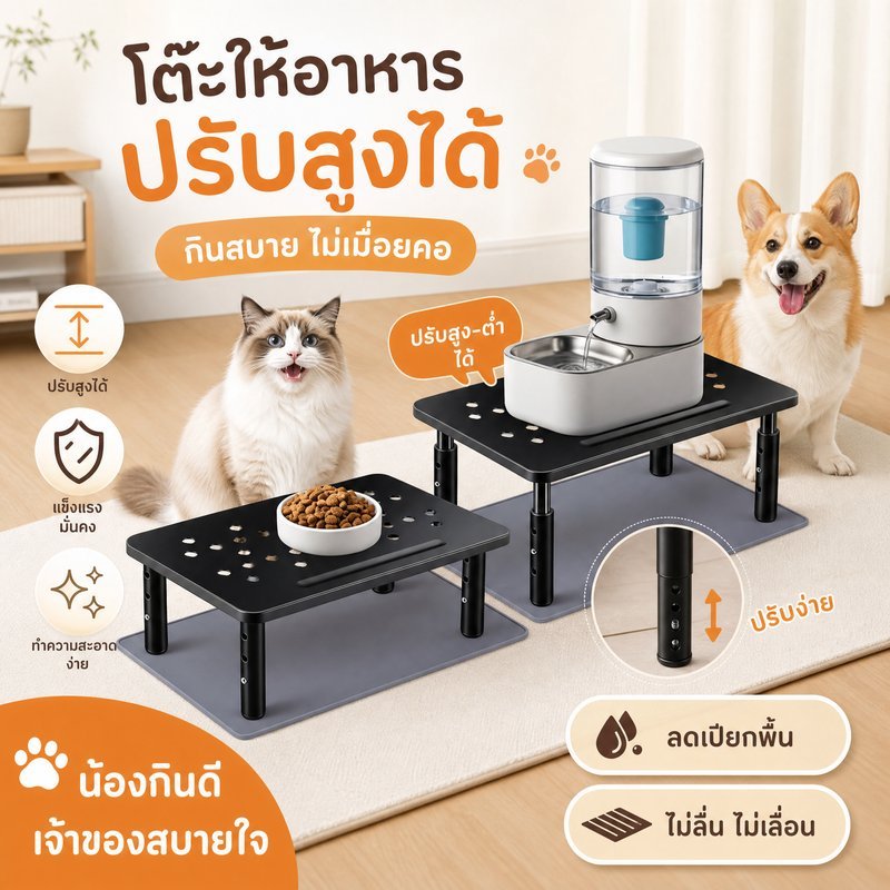 โต๊ะอาหารสัตว์เลี้ยง ขาตั้งเครื่องให้อาหารสัตว์เลี้ยง ปรับระดับได้ 3 ระดับ กันลื่น ทนทาน ลดก้มคอ