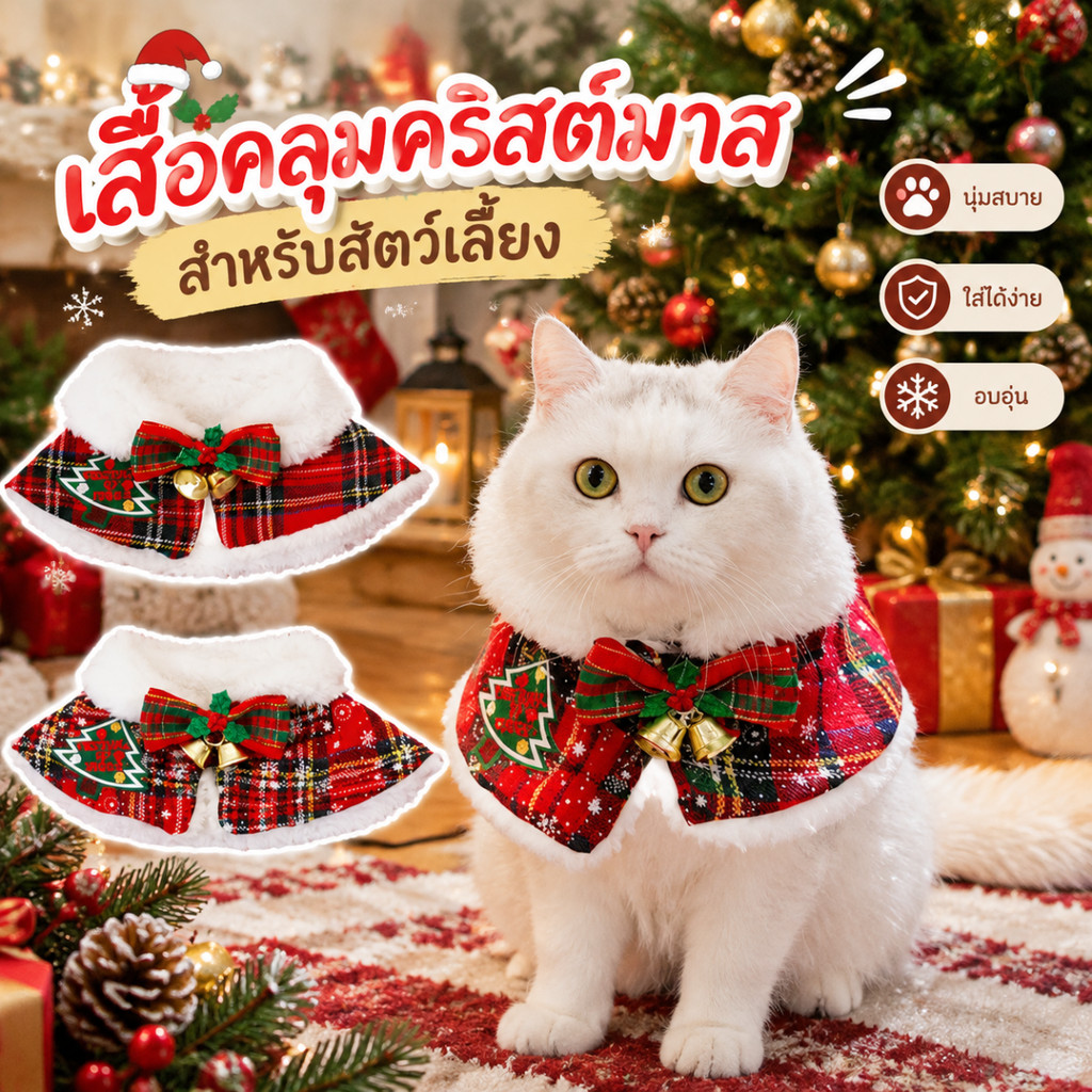 ชุดคริสมาสแมว ผ้าคลุมคริสต์มาส เสื้อผ้าหมา เสื้อแมวคริสมาส ให้ความอบอุ่น คริสต์มาส สําหรับสุนัข แมว