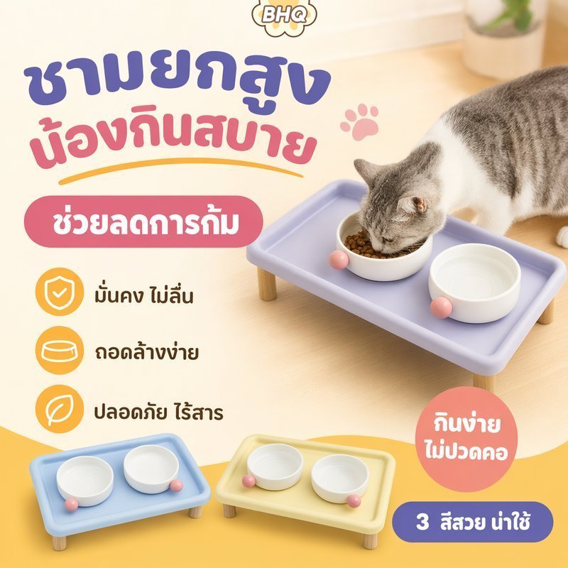 BHQ ยกระดับชามสัตว์เลี้ยงยืนป้องกันการรั่วไหลจานให้อาหารตามหลักสรีรศาสตร์คอดูแลแมวสุนัขอาหารถาดน้ํา