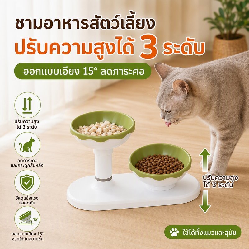 ชามอาหารแมว ชามอาหารสุนัข แบบยกสูง ปรับระดับ 3 ขั้น เอียง 15 องศา กันลื่น ถอดล้างได้