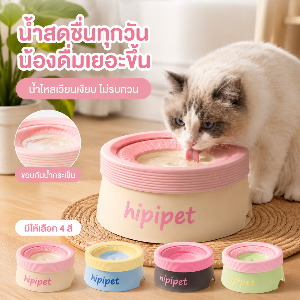 น้ําพุแมว น้ําพุแมวระบบน้ําไหลเวียน ดึงดูดสัตว์เลี้ยงดื่มน้ํามากขึ้น ดีไซน์ขอบระงับน้ํากระเซ็น ทําความสะอาดสะดวก มอเตอร์เงียบ