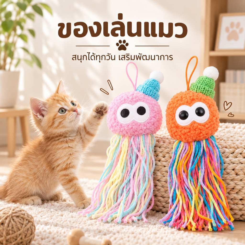 ตุ๊กตาปลาหมึก ของเล่นแมว ไหมพรมปลาหมึกห้อย สีพาสเทล ของเล่นแมวกัดเล่น มีพู่เชือกยาว ของเล่นแมวน่ารัก สําหรับแมวทุกวัย