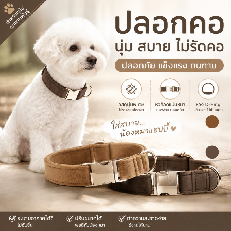 COD】ปลอกคอสุนัข ผ้าวิลเวตอ่อนโยนต่อผิว หนีบอัลลอยปลอดภัยทนทาน ปรับขนาดได้ มีสายจูงยาว1.2เมตร ปลอกคอแมว