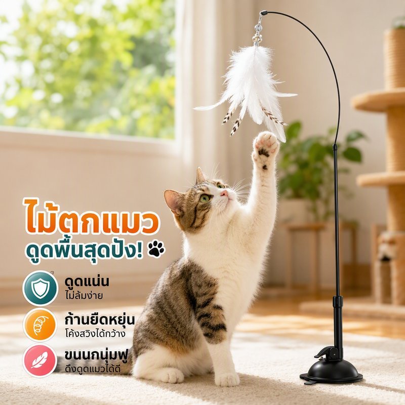 ของเล่นแมว ไม้แหย่แมว ถ้วยดูด ขนนก แท่งยืดหยุ่น แบบติดพื้น เล่นเองได้ ของใช้สัตว์เลี้ยง