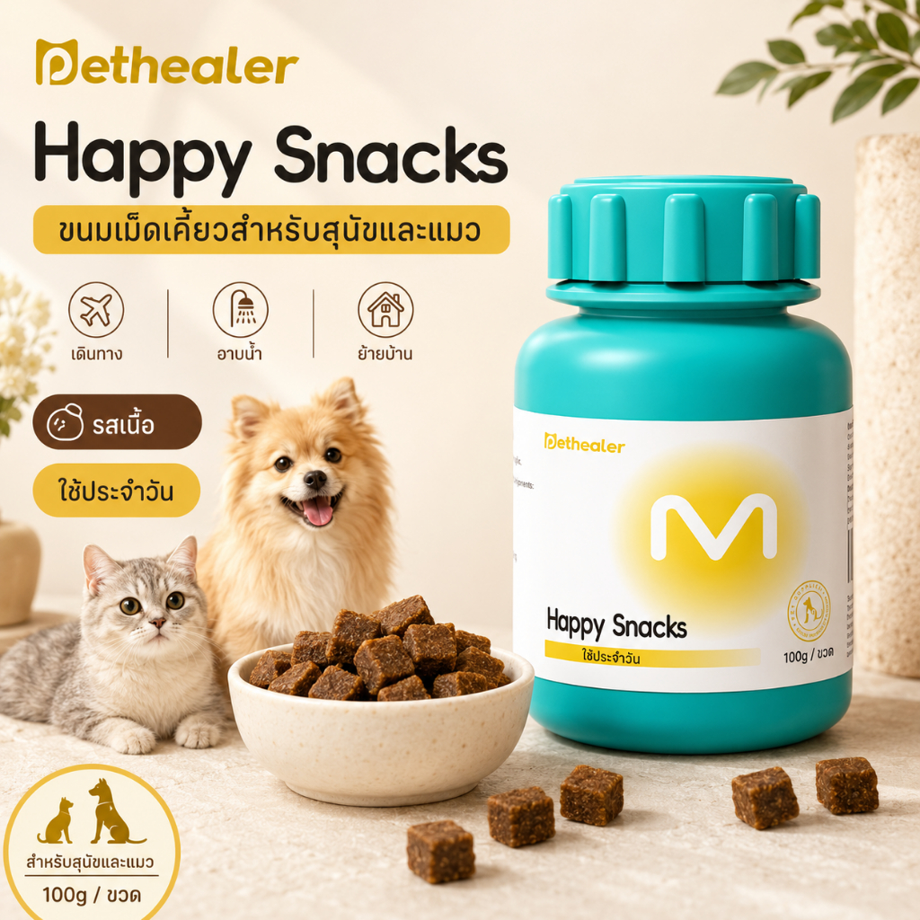 PETHEALER Happy Snacks ขนมเม็ดเคี้ยวรสเนื้อ สําหรับสุนัขและแมว ใช้ประจําวัน 100g