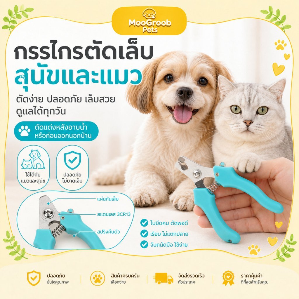 กรรไกรตัดเล็บสัตว์เลี้ยง สแตนเลส มีกันรอย ไม่บาดเลือด พร้อมไฟล์เล็บ ใช้ง่าย สุนัขและแมว