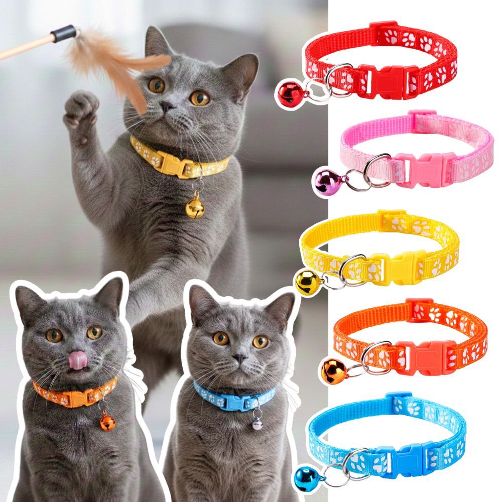 ปลอกคอแมว/หมา พร้อมกระดิ่ง ปรับขนาดได้ 18-30 cm ลายเท้าหมา ถอดเข้า-ง่าย แบบหัวเข็มขัด สีสันสดใส ส่งจากไทย