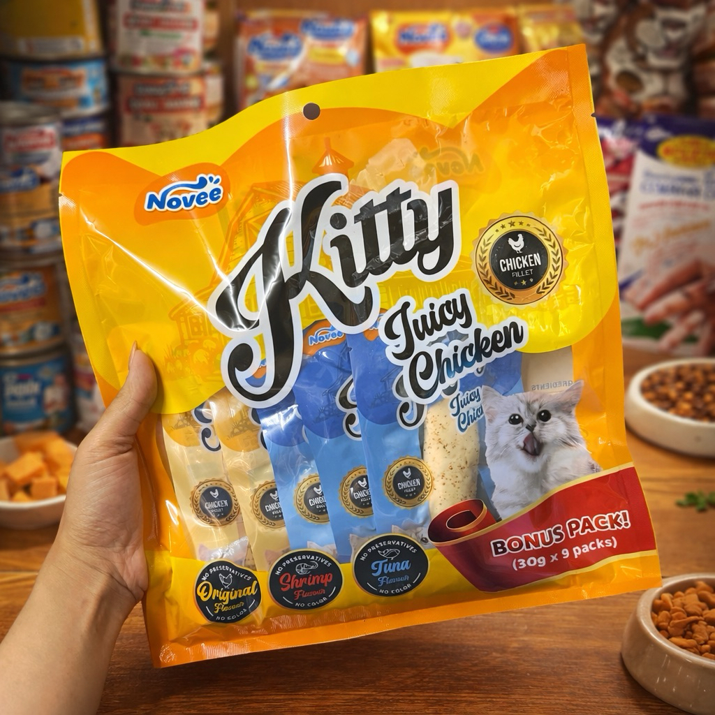 Kitty Juicy Chicken BonyPack ขนมแมวสันในไก่ชิ้น30g. 3รสชาติ 1ถุงมี9ชิ้น