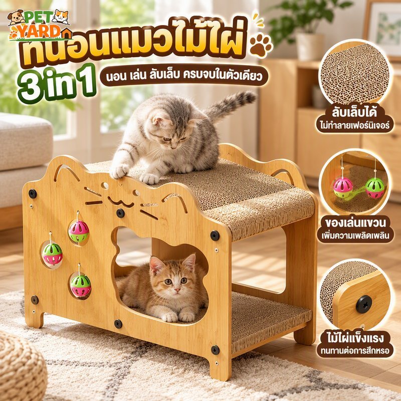 ที่ลับเล็บแมว 2 ชั้น บ้านแมวไม้ไผ่ 3in1 เหมาะกับแมวทุกขนาด มีลูกบอลแขวน ทนทาน แข็งแรง ปลอดภัย