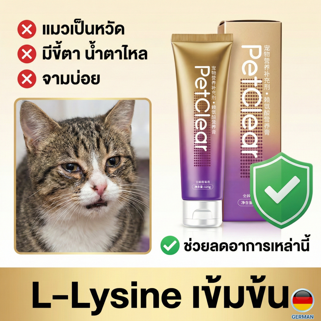PetClear ไลซีนแมว เข้มข้น! ลดอาการจาม ขี้ตาเกรอะ ป้องกันหวัดแมว (หลอดใหญ่ 120g)