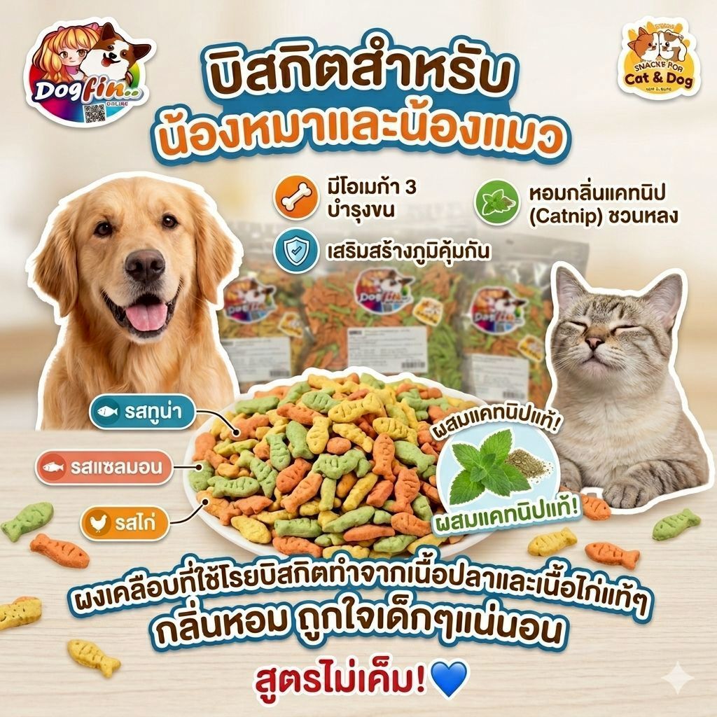 Dogfin (ด็อกฟิน) บิสกิตเคลือบรสแซลมอน ทูน่า และไก่ ขนมสําหรับสุนัขและแมวทุกสายพันธุ์
