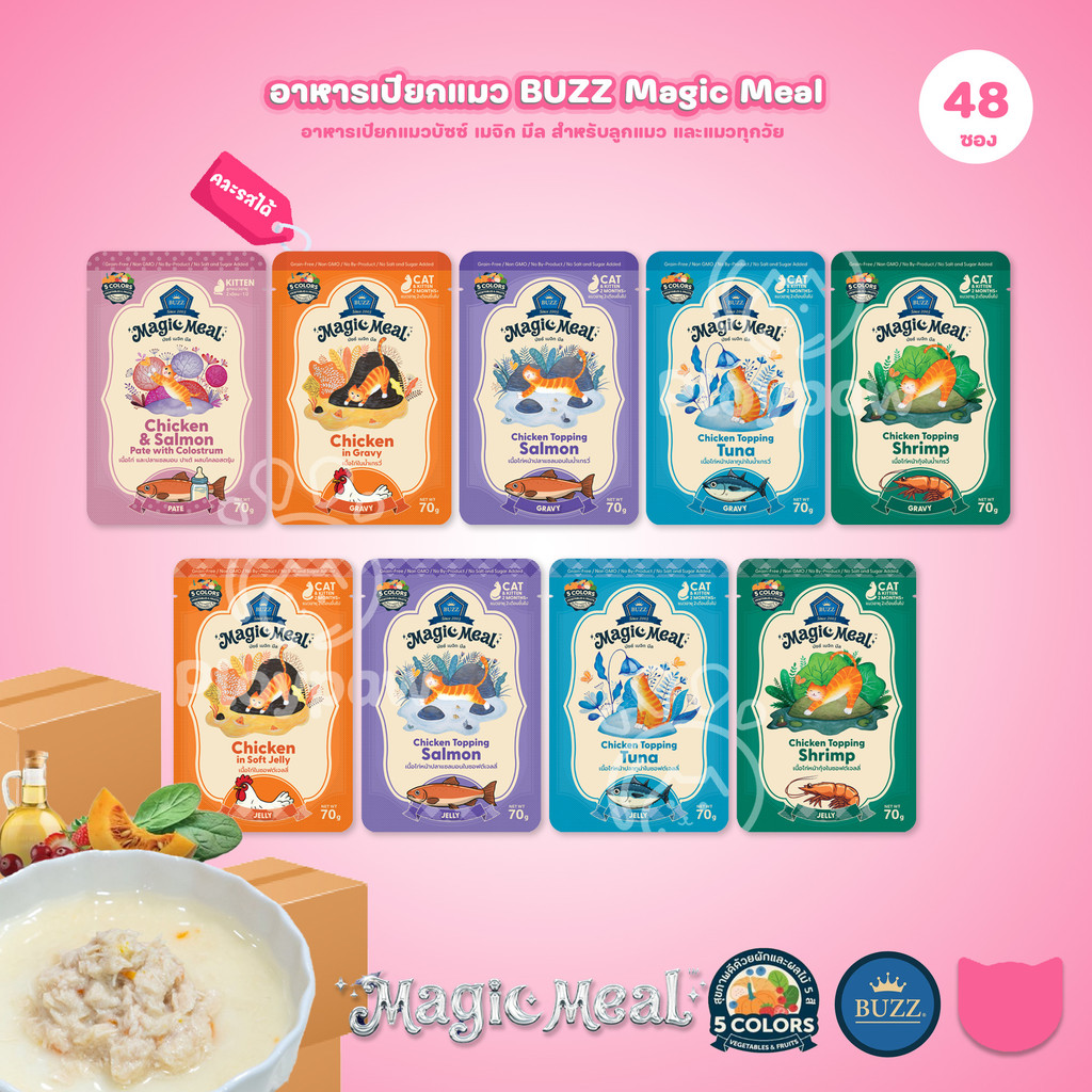 ยกลัง 48 ซอง] BUZZ Magic Meal อาหารเปียกแมว บัซซ์ Human Grade โปรตีนสูง ไม่เค็ม แมวกินยากชอบ 70g (Cat Wet Food,Premium)