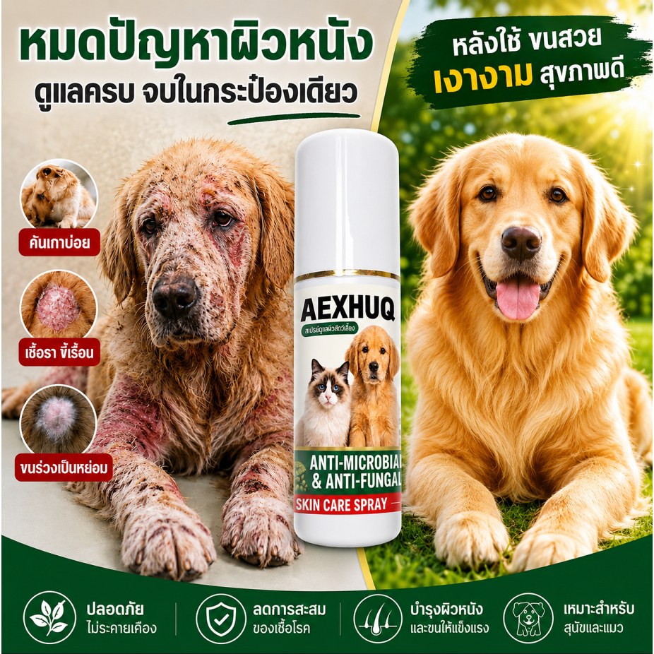 AEXHUQ สเปรย์เชื้อราสุนัข แมว ดูแลผิวหนัง ขี้เรื้อน ลดคัน ขนร่วง ผื่นแดง สูตรธรรมชาติ ปลอดภัย 100ml
