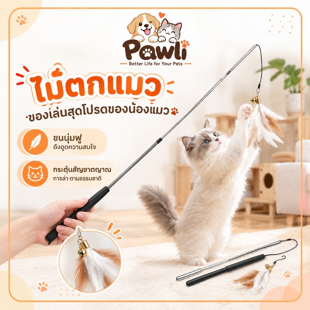 ไม้ตกแมว ไม้ล่อแมว ขนนก ของเล่นแมวแบบคันเบ็ด กระตุ้นสัญชาตญาณการล่า น้ําหนักเบา จับถนัดมือ สําหรับแมวทุกวัย