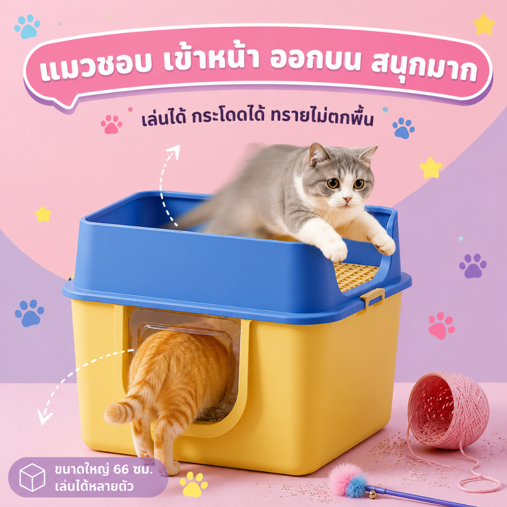 กระบะทรายแมว 2-in-1 เข้าหน้าออกบน ขนาดใหญ่ 66 ซม. สองสี ป้องกันทรายติดเท้า แถมพายตักทราย ห้องน้ําแมว