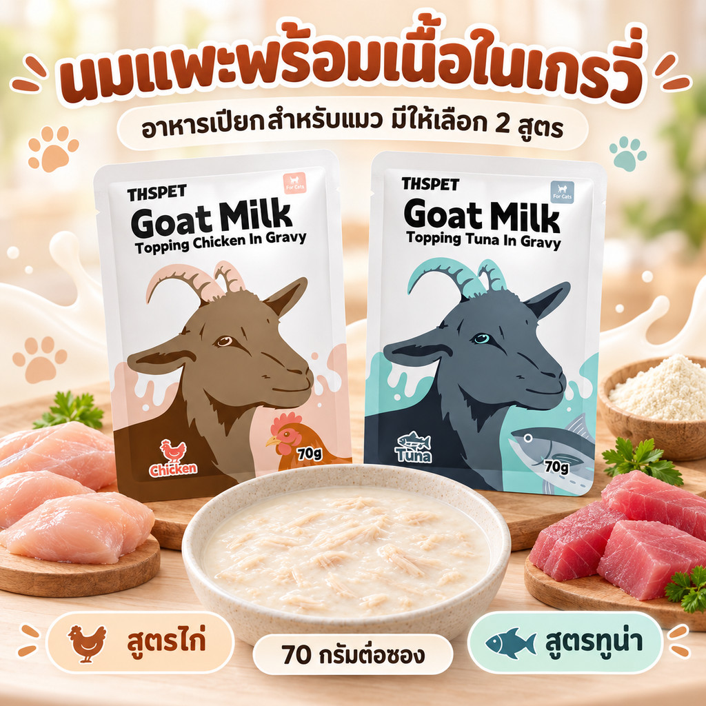 ขนมสําหรับแมว ท็อปปิ้งนมแพะไก่ สูตรพื้นฐาน เลือกรสไก่หรือปลาทูน่า ตัวเลือกละ 1 ชิ้น