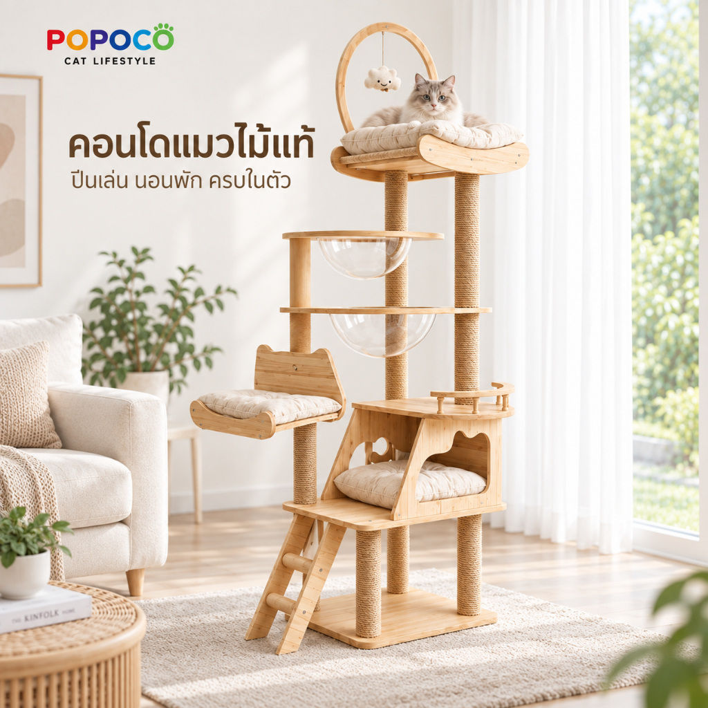 POPOCO】คอนโดแมว บ้านแมว คอนโดแมวไม้แท้ ที่นอนแมว หลุมอวกาศใส เสาลับเล็บแมว ของใช้แมว เฟอร์นิเจอร์แมว