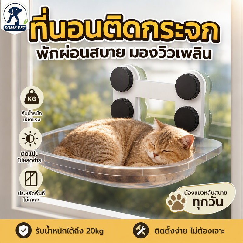 เปลแมวติดกระจก ที่นอนแมวติดกระจก รับน้ําหนักได้ถึง 10 Kg 4 ถ้วยดูดขนาดใหญ่พิเศษ ที่นอนแมว Cloudsbed